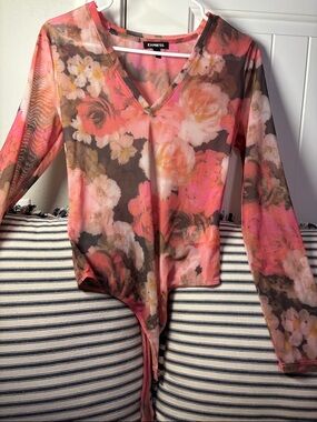 Express Floral V-Neck Sheer Bodysuit - Coral, Brown & Cream